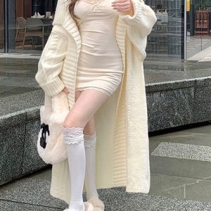 Chic Large Collar Knitted Long Cardigan Coat for Y2K Fashion and Coquette Aesthetic