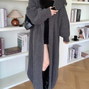 Chic Large Collar Knitted Long Cardigan Coat for Y2K Fashion and Coquette Aesthetic