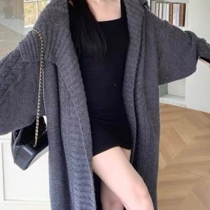 Chic Large Collar Knitted Long Cardigan Coat for Y2K Fashion and Coquette Aesthetic