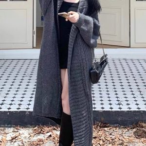 Chic Large Collar Knitted Long Cardigan Coat for Y2K Fashion and Coquette Aesthetic