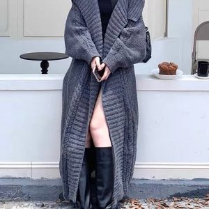 Chic Large Collar Knitted Long Cardigan Coat for Y2K Fashion and Coquette Aesthetic