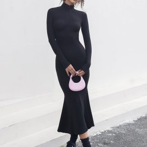 Chic Leisure Mock Neck Long Sleeve Midi Dress for Y2K Aesthetic and Coquette Style