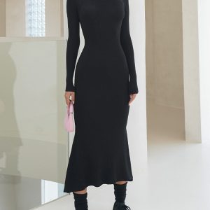 Chic Leisure Mock Neck Long Sleeve Midi Dress for Y2K Aesthetic and Coquette Style