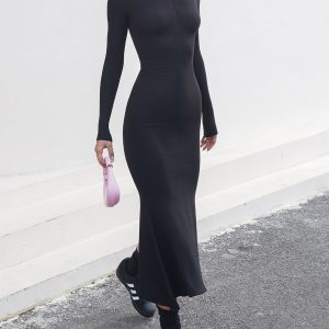 Chic Leisure Mock Neck Long Sleeve Midi Dress for Y2K Aesthetic and Coquette Style