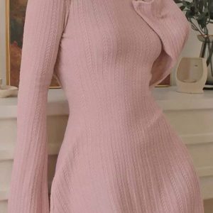 Chic Long Flare Sleeve Backless Cable Knit Dress for Y2K Fashion Lovers