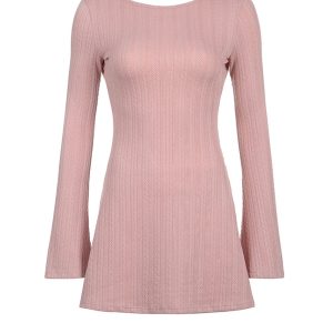 Chic Long Flare Sleeve Backless Cable Knit Dress for Y2K Fashion Lovers