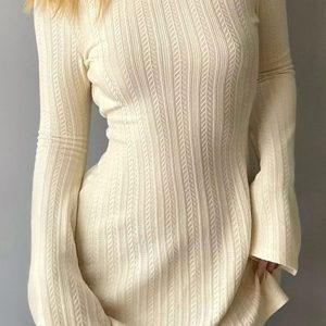 Chic Long Flare Sleeve Backless Cable Knit Dress for Y2K Fashion Lovers