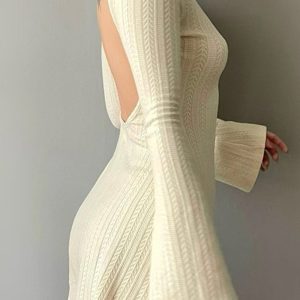 Chic Long Flare Sleeve Backless Cable Knit Dress for Y2K Fashion Lovers