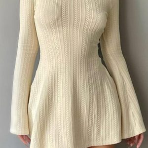 Chic Long Flare Sleeve Backless Cable Knit Dress for Y2K Fashion Lovers