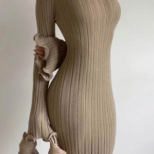 Chic Long Flare Sleeve Backless Ribbed Knit Dress for Y2K Aesthetic Fashion Lovers