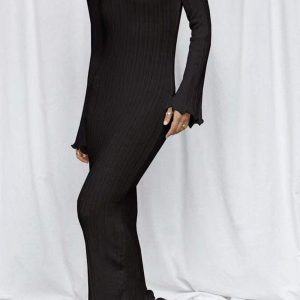 Chic Long Flare Sleeve Backless Ribbed Knit Dress for Y2K Aesthetic Fashion Lovers