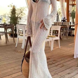 Chic Long Sleeve Crochet Cutout Dress for Y2K Fashion and Coquette Aesthetic Styles