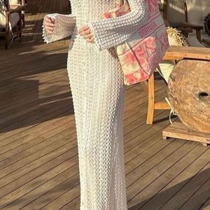 Chic Long Sleeve Crochet Cutout Dress for Y2K Fashion and Coquette Aesthetic Styles