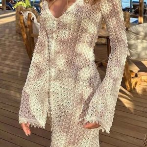 Chic Long Sleeve Crochet Cutout Dress for Y2K Fashion and Coquette Aesthetic Styles