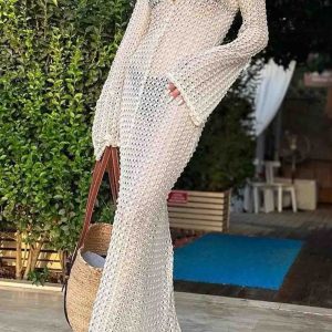 Chic Long Sleeve Crochet Cutout Dress for Y2K Fashion and Coquette Aesthetic Styles