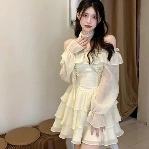 Chic Long Sleeve Mini Dress - Elegant Lolita Style Casual Spring One Piece for Women 2024