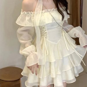 Chic Long Sleeve Mini Dress - Elegant Lolita Style Casual Spring One Piece for Women 2024