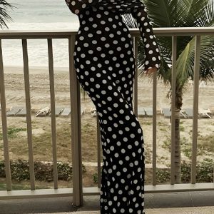 Chic Long Sleeve Off-Shoulder Polka Dot Dress for Y2K Fashion and Coquette Aesthetic