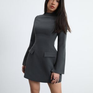 Chic Long Sleeve Pocket Decor Dress for Y2K Fashion and Coquette Aesthetic Styles