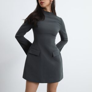 Chic Long Sleeve Pocket Decor Dress for Y2K Fashion and Coquette Aesthetic Styles