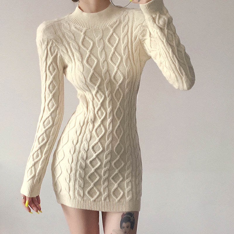 Chic Long Sleeve Round Neck Slim Knitted Dress for Y2K Aesthetic and Coquette Style