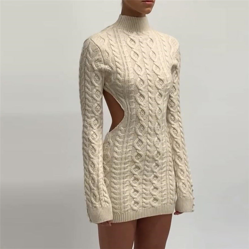 Chic Long Sleeve Round Neck Slim Knitted Dress for Y2K Aesthetic and Coquette Style