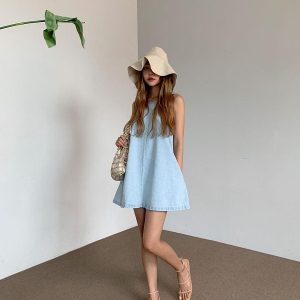 Chic Loose A-Line Sleeveless Denim Dress for Effortless Y2K Fashion and Aesthetic Outfits