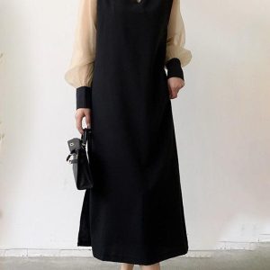 Chic Loose Casual Paneled Long-Sleeved Dress for Effortless Y2K Aesthetic Style