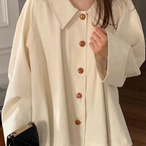 Chic Loose Casual Solid Color Long-Sleeved Shirt for Effortless Y2K Aesthetic Outfits