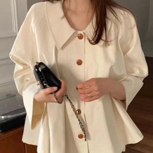 Chic Loose Casual Solid Color Long-Sleeved Shirt for Effortless Y2K Aesthetic Outfits