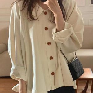 Chic Loose Casual Solid Color Long-Sleeved Shirt for Effortless Y2K Aesthetic Outfits