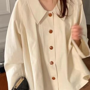 Chic Loose Casual Solid Color Long-Sleeved Shirt for Effortless Y2K Aesthetic Outfits