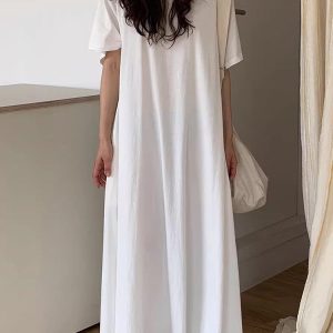 Chic Loose Comfy Solid Color Short Sleeve Maxi Dress for Effortless Y2K Style