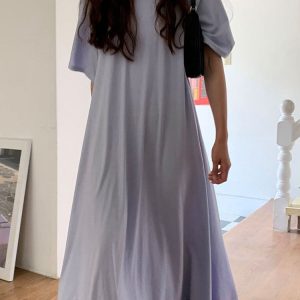 Chic Loose Comfy Solid Color Short Sleeve Maxi Dress for Effortless Y2K Style