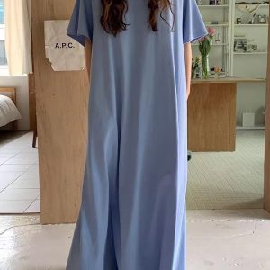 Chic Loose Comfy Solid Color Short Sleeve Maxi Dress for Effortless Y2K Style