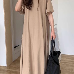 Chic Loose Comfy Solid Color Short Sleeve Maxi Dress for Effortless Y2K Style