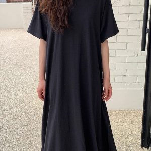 Chic Loose Comfy Solid Color Short Sleeve Maxi Dress for Effortless Y2K Style