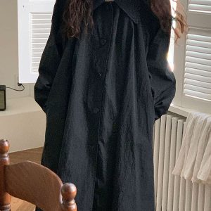 Chic Loose Lapel Single-Breasted Trench Coat Dress for Y2K Fashion Lovers