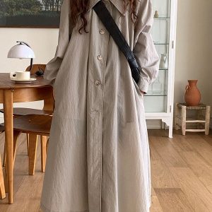 Chic Loose Lapel Single-Breasted Trench Coat Dress for Y2K Fashion Lovers