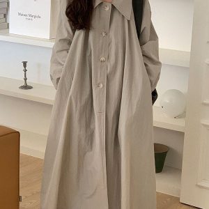 Chic Loose Lapel Single-Breasted Trench Coat Dress for Y2K Fashion Lovers