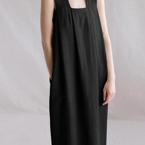 Chic Loose Linen Square Neck Suspender Dress for Effortless Y2K Aesthetic Style