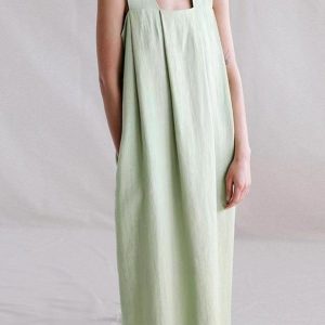 Chic Loose Linen Square Neck Suspender Dress for Effortless Y2K Aesthetic Style