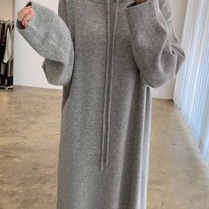 Chic Loose Long Split-Side Hooded Knit Dress for Y2K Aesthetic and Cozy Style