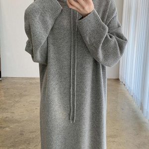 Chic Loose Long Split-Side Hooded Knit Dress for Y2K Aesthetic and Cozy Style