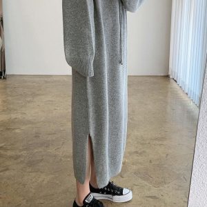 Chic Loose Long Split-Side Hooded Knit Dress for Y2K Aesthetic and Cozy Style