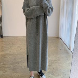 Chic Loose Long Split-Side Hooded Knit Dress for Y2K Aesthetic and Cozy Style