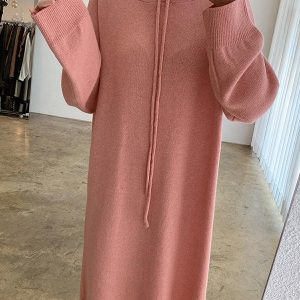 Chic Loose Long Split-Side Hooded Knit Dress for Y2K Aesthetic and Cozy Style