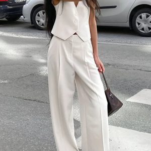 Chic Loose Pant Sets for Women 2023: Sleeveless Crop Tops & High Waist Casual Trouser 2-Piece Outfits