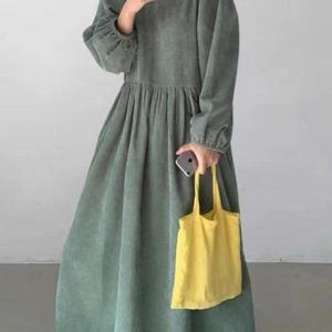 Chic Loose Pleated High Waist Puff Sleeve Corduroy Dress for Y2K Aesthetic Outfits