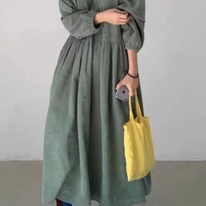 Chic Loose Pleated High Waist Puff Sleeve Corduroy Dress for Y2K Aesthetic Outfits